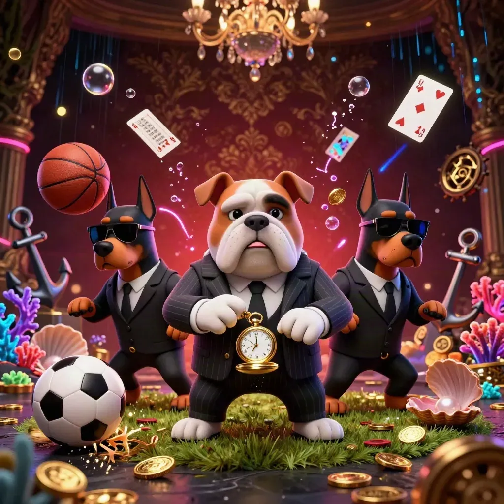 Bulldog boss and Dobermans amid sports balls, coins, and neon casino treasure cove.