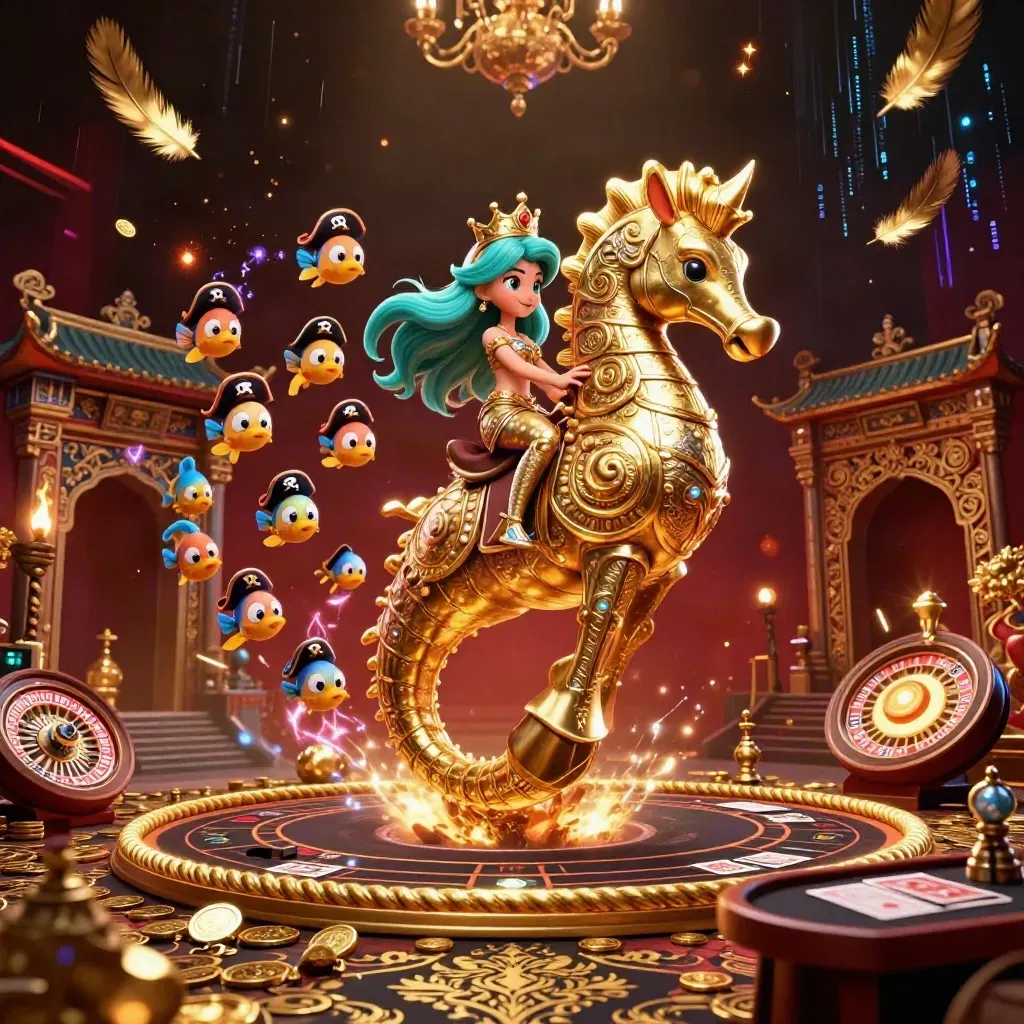Mermaid princess on a golden seahorse with pirate fish, casino glow, coins, temple gate, and neon energy.