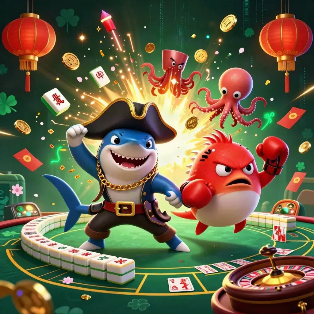 Pirate shark, boxing pufferfish, and coin-juggling octopus in a jackpot burst