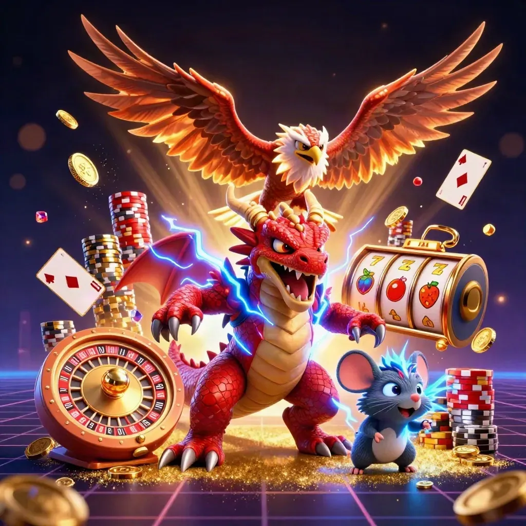 Thunder dragon, glowing hawk, and static mouse burst through casino coins, cards, chips, and neon light.